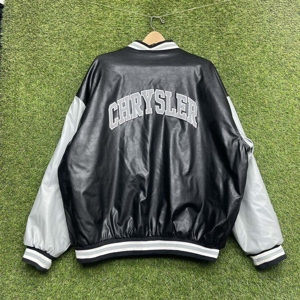 Vintage Chrysler Motors Leather Jacket Mens 2XL Black Varsity Wool Snap Close